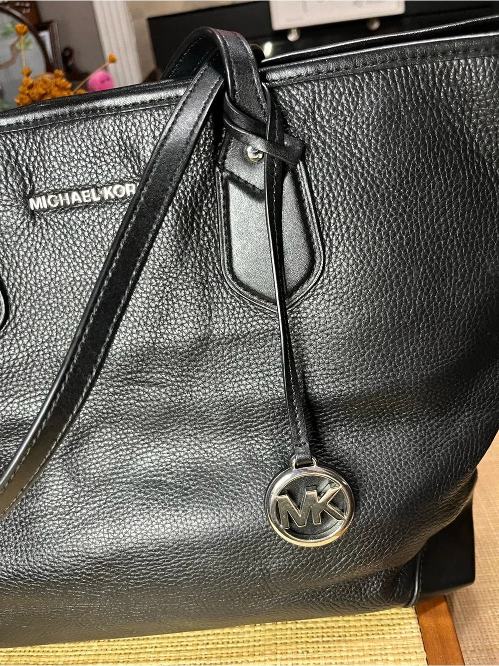 Michael Kors Black Pebbled Leather Large Tote with MK Charm